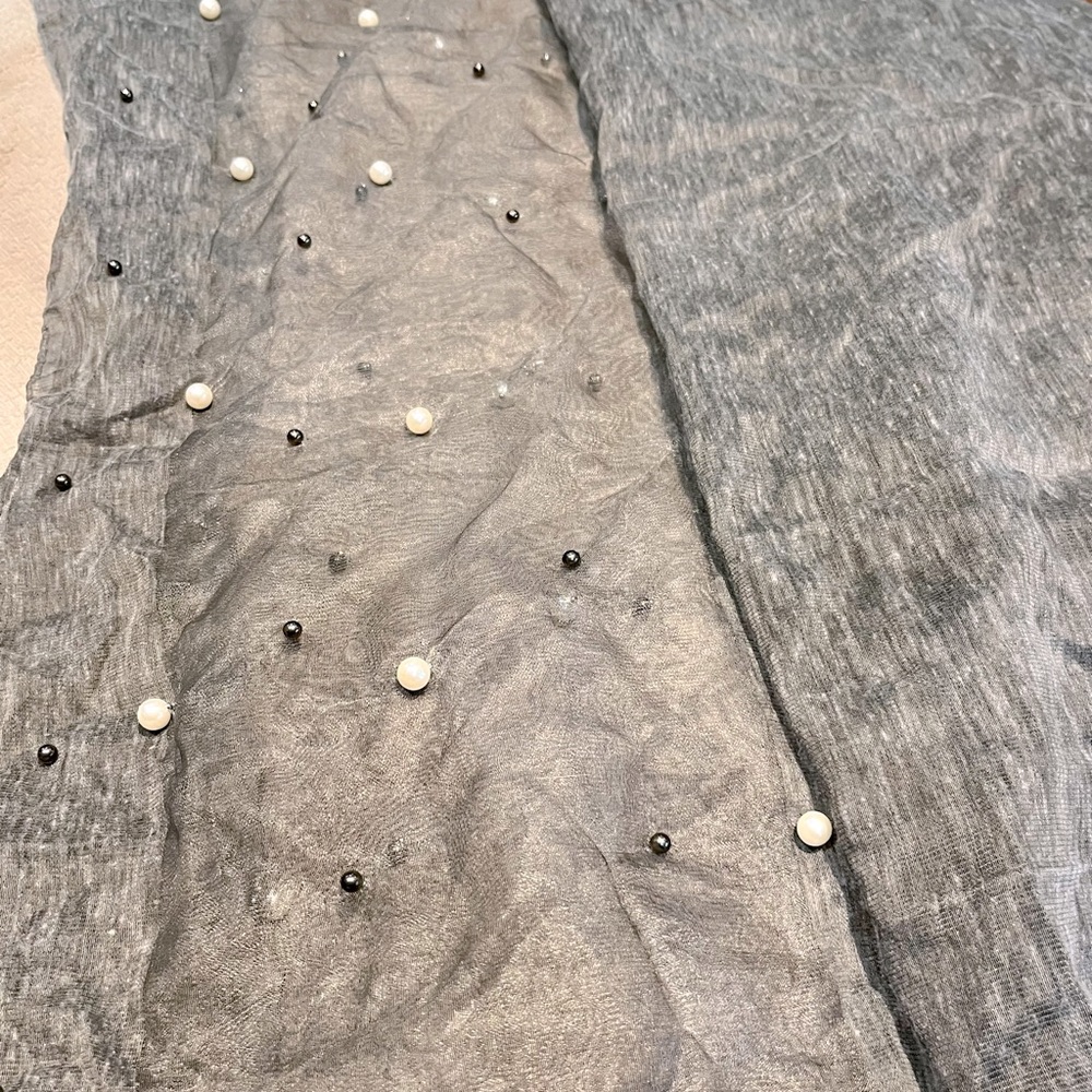Beautiful shades of Gray oblong scarf with pearl accents- one size
